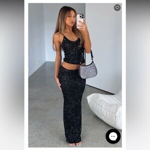 Star Shining Sequin Knit Maxi Skirt Black
